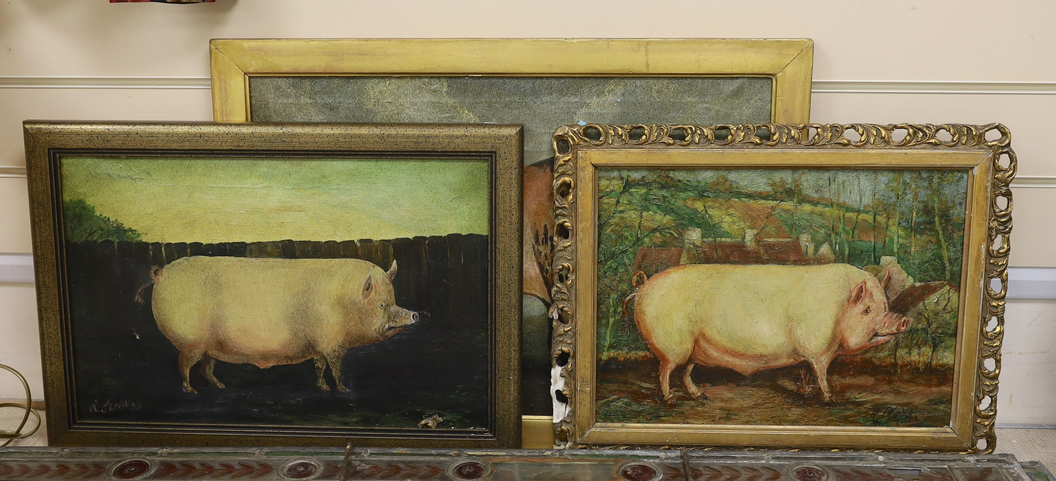 French School, three primitive studies in oil of pigs and a bull, indistinctly signed, largest 37 x 54cm